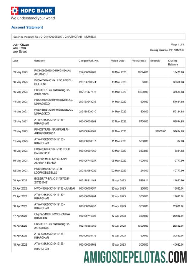 Modelo de extrato bancário HDFC da Índia para impressão, formato Word e PDF